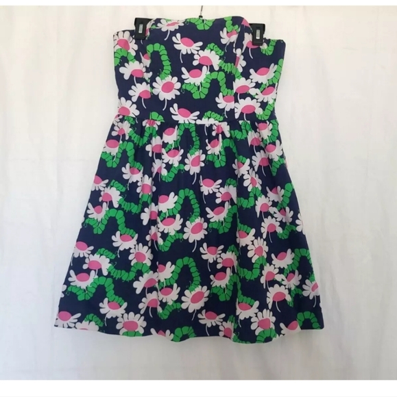 Lilly Pulitzer Dresses & Skirts - Lilly Pulitzer Lottie Navy Yum Yum Floral Vintage Slub Strapless Dress US 10